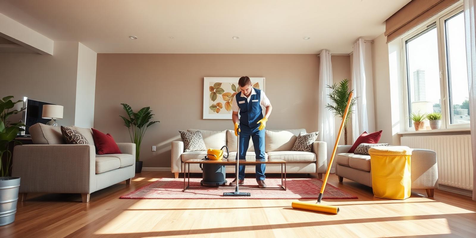 Cleaning professional mopping a bright living room floor in Los Angeles