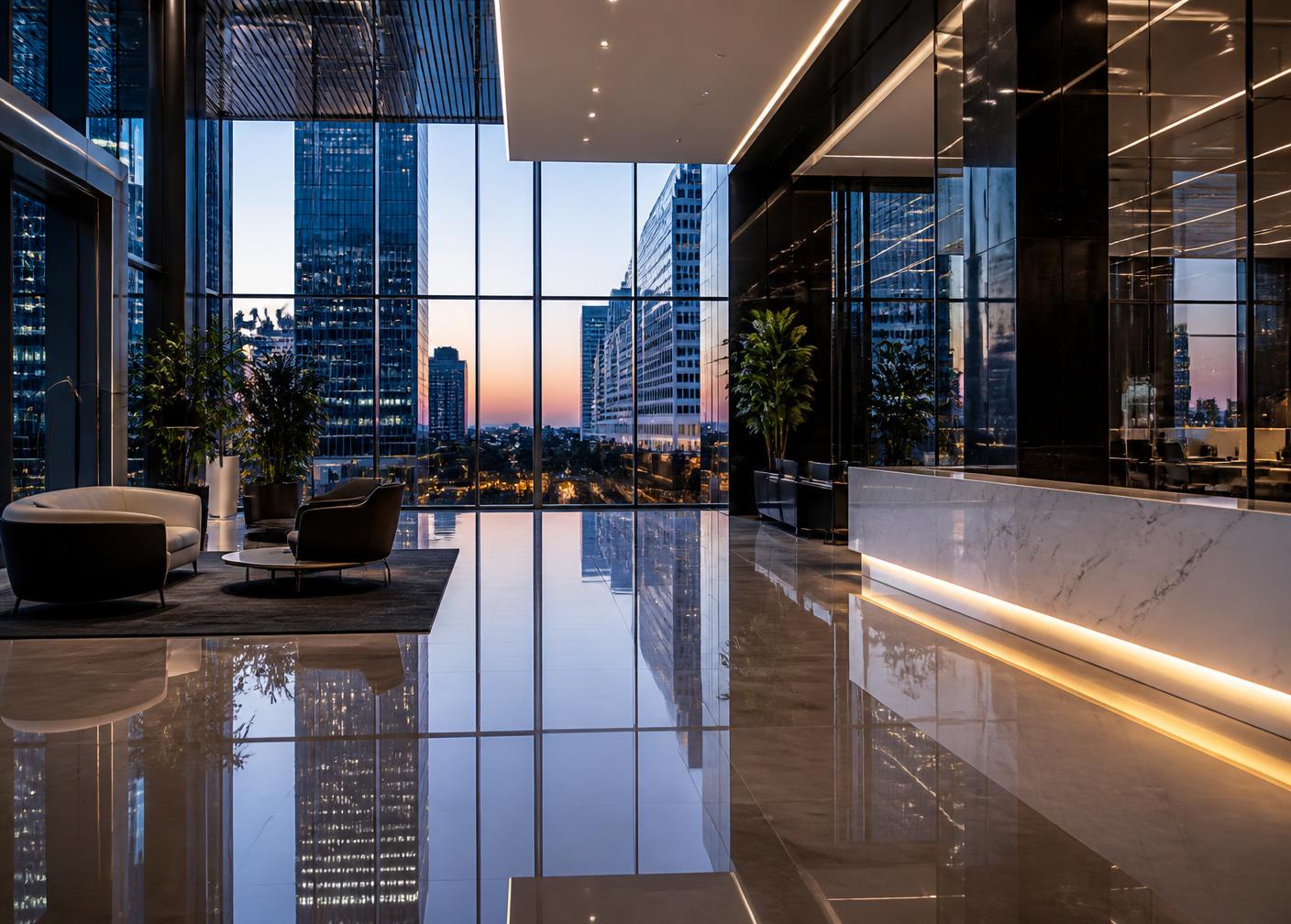 Immaculate modern office lobby in downtown Los Angeles with polished floors
