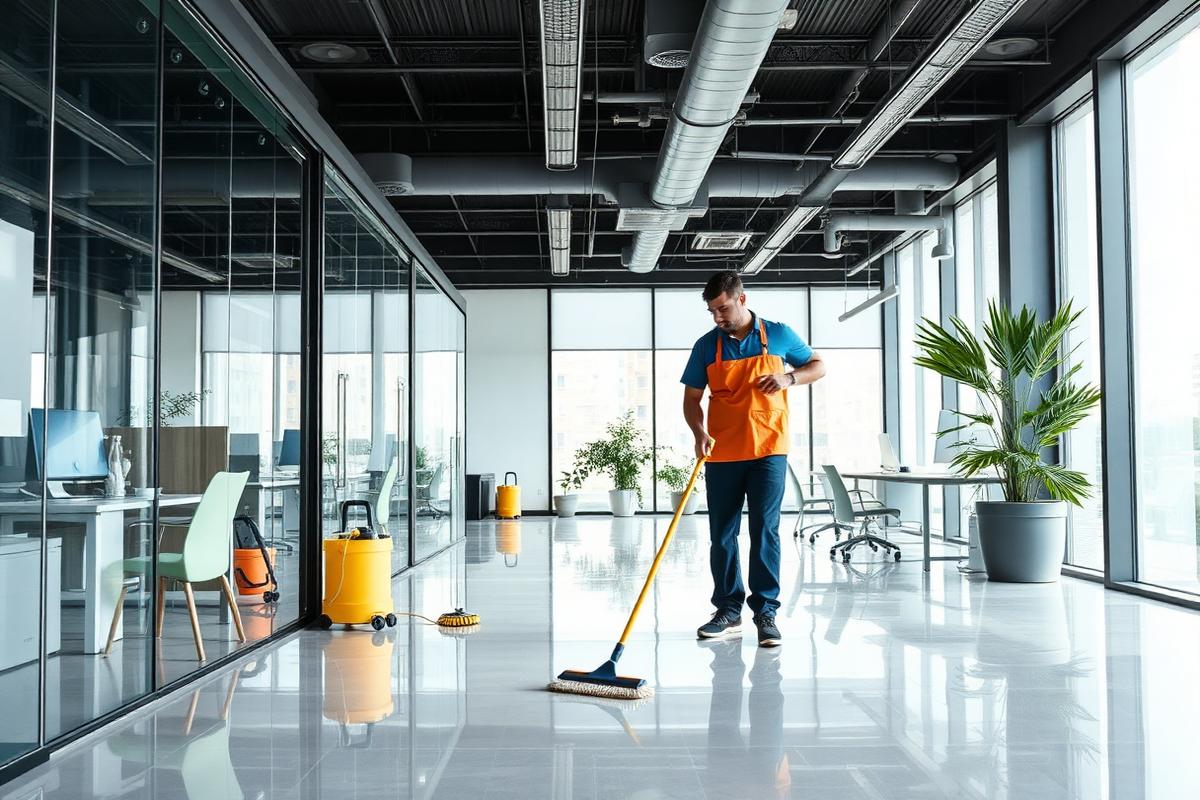Cleaning crew cleaning a modern open plan office in Los Angeles