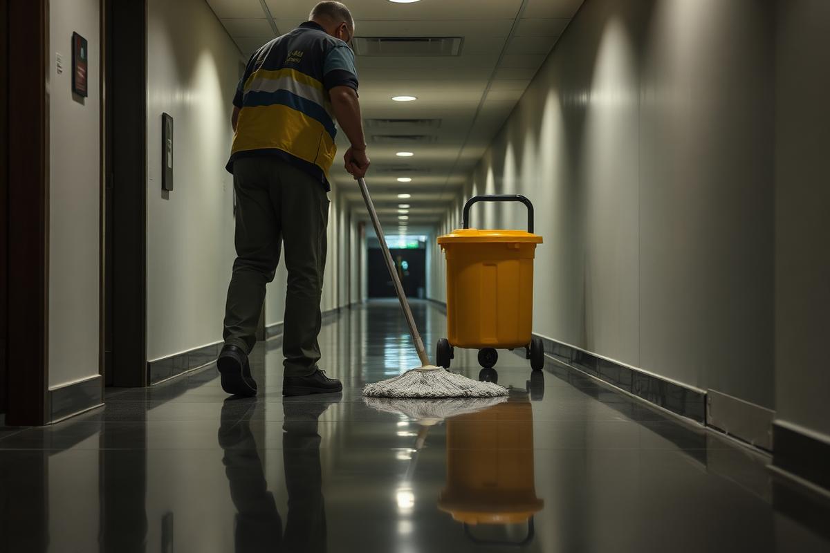 Janitor mopping a corporate hallway floor during a nightly janitorial service