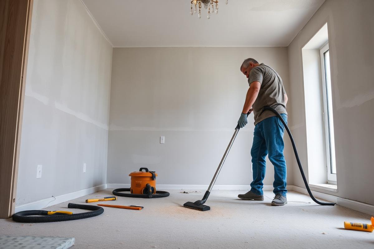 Worker vacuuming construction dust in a newly remodeled Los Angeles room