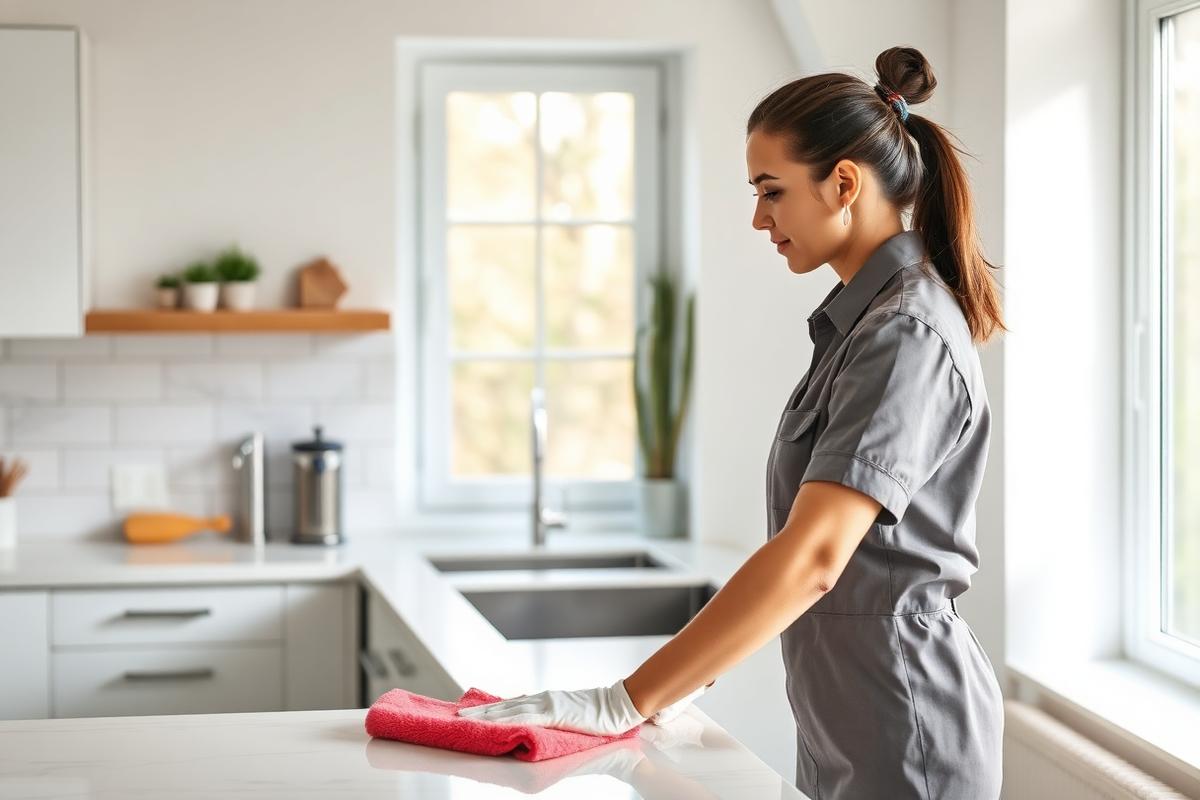 Cleaner wiping a kitchen counter during a standard house cleaning in Los Angeles